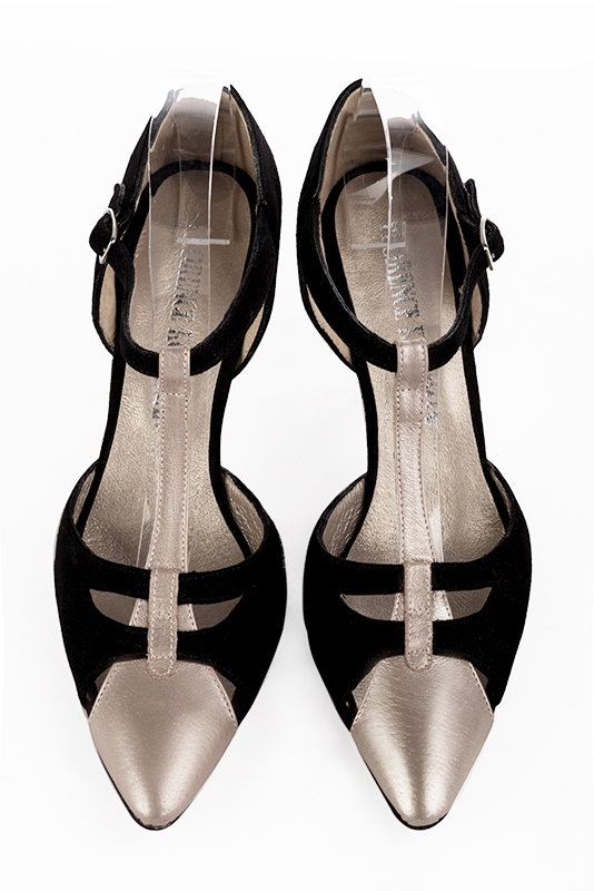 Tan beige and matt black women's T-strap open side shoes. Tapered toe. High slim heel. Top view - Florence KOOIJMAN